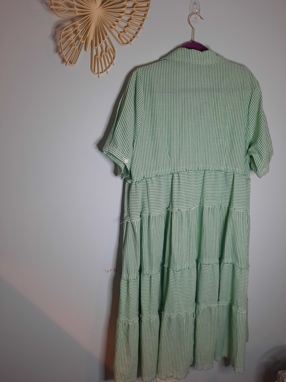 Umgee Sz XL, Mint Green Striped Tiered Midi Dress Raw Hem, Button Collared Style - Picture 4 of 6